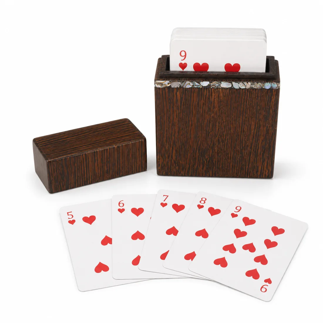 Dark walnut card box with a shell-inlay band, holding a deck of cards